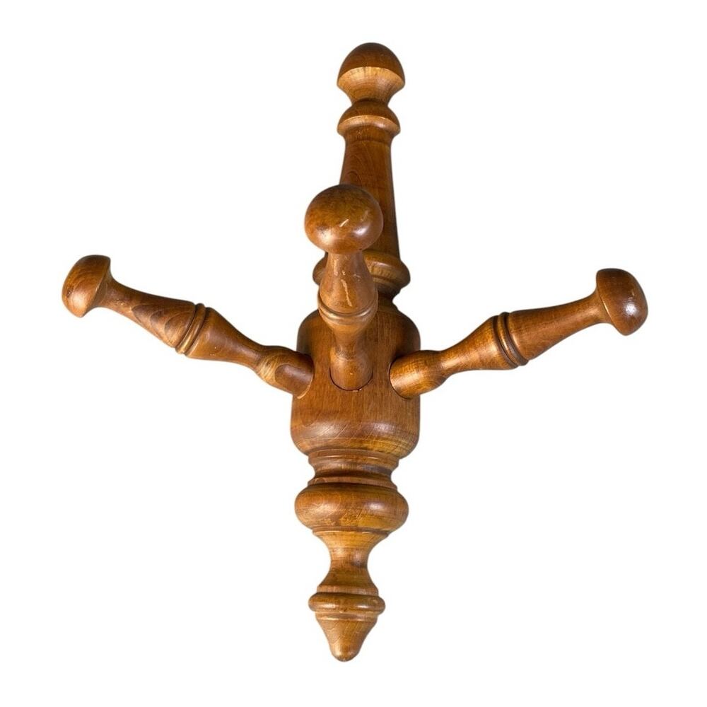 Vintage Antique Wooden 3 Peg Triple Wall Hook Hardware Coat Hat Rack